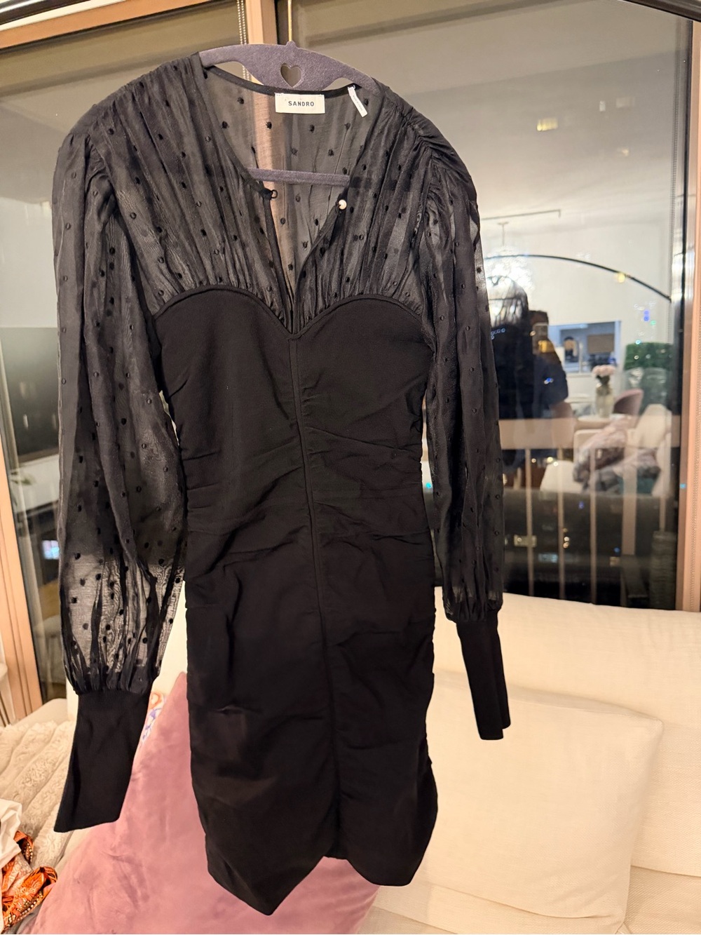 Sandro Black Sheer Polka-Sleeve Sweetheart Mini Dress